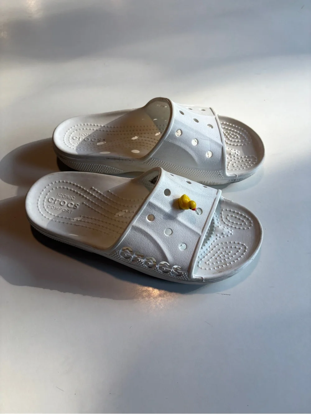CROCS White Kids' Slide Sandals with Yellow Charm